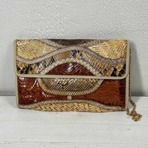 Vintage Original by Caprice Snakeskin Leather Envelope Clutch Crossbody Chain - Picture 1 of 13